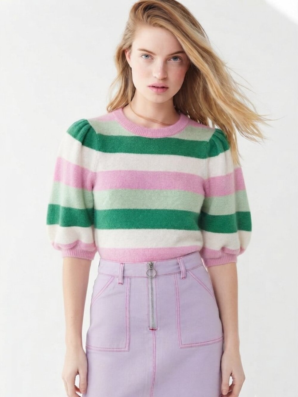 Kitri reformation anthropologie horizontal stripe puff sleeve sweater green pink